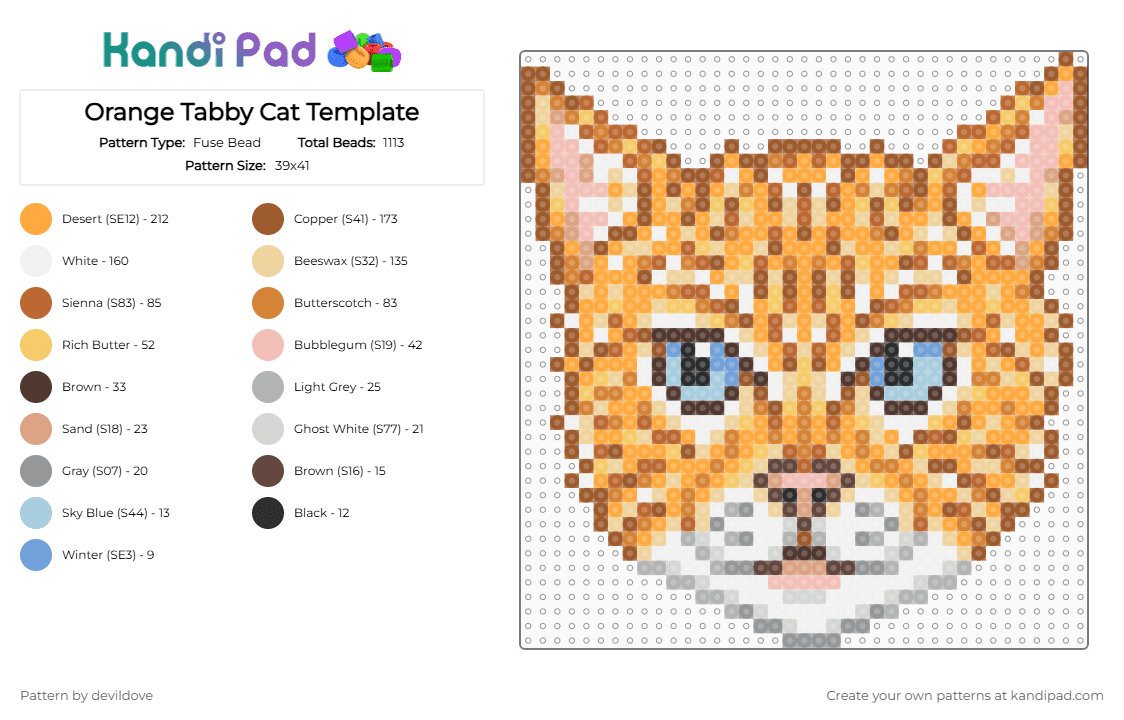 Orange Tabby Cat Template - Fuse Bead Pattern by devildove on Kandi Pad - tan,beige,orange,tabby,cat,kitty,template