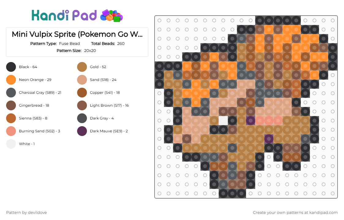 Mini Vulpix Sprite - Fuse Bead Pattern by devildove on Kandi Pad - tan,pokemon,vulpix,pokemon go,sprite,mini,pokemon go wiki,pixel,easy