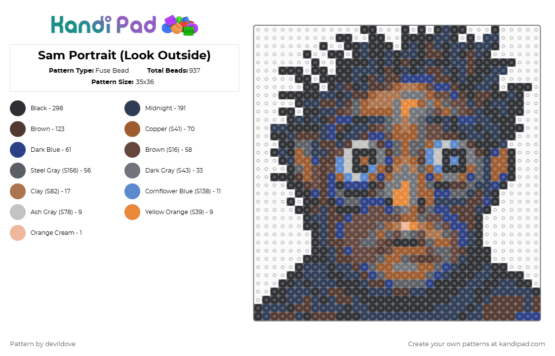 Sam Portrait (Look Outside) - Fuse Bead Pattern by devildove on Kandi Pad - brown,purple,tan,gray,look outside,sam,portrait,party,look,outside,main character,protagonist