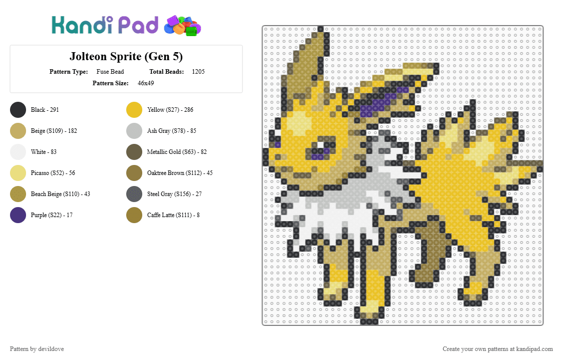 Jolteon Sprite (Gen 5) - Fuse Bead Pattern by devildove on Kandi Pad - yellow,beige,jolteon,pokemon,sprite,gen 5,black and white,black,white,eeveelution