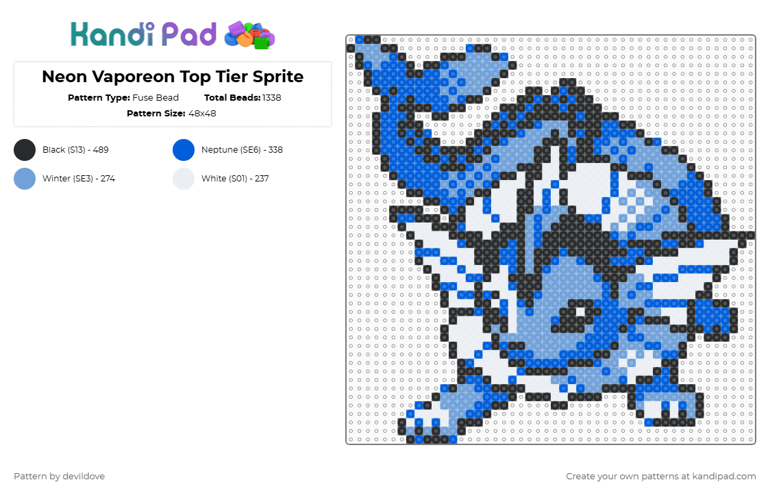 Gen 2 Vaporeon Sprite (Top Tier) - Fuse Bead Pattern by devildove on Kandi Pad - blue,light blue,vaporeon,pokemon,sprite,neon,gen 2,game boy,top tier