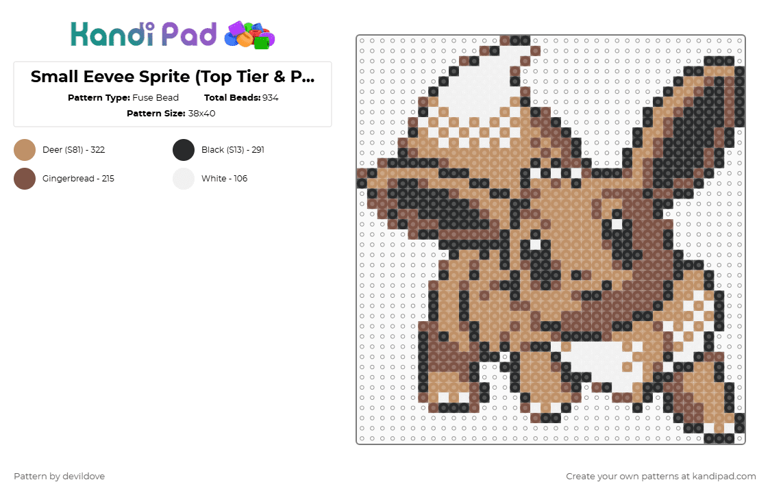 Gen 2 Eevee Sprite (Top Tier & Perler) - Fuse Bead Pattern by devildove on Kandi Pad - tan,pokemon,eevee,gen 2,sprite,perler,top tier