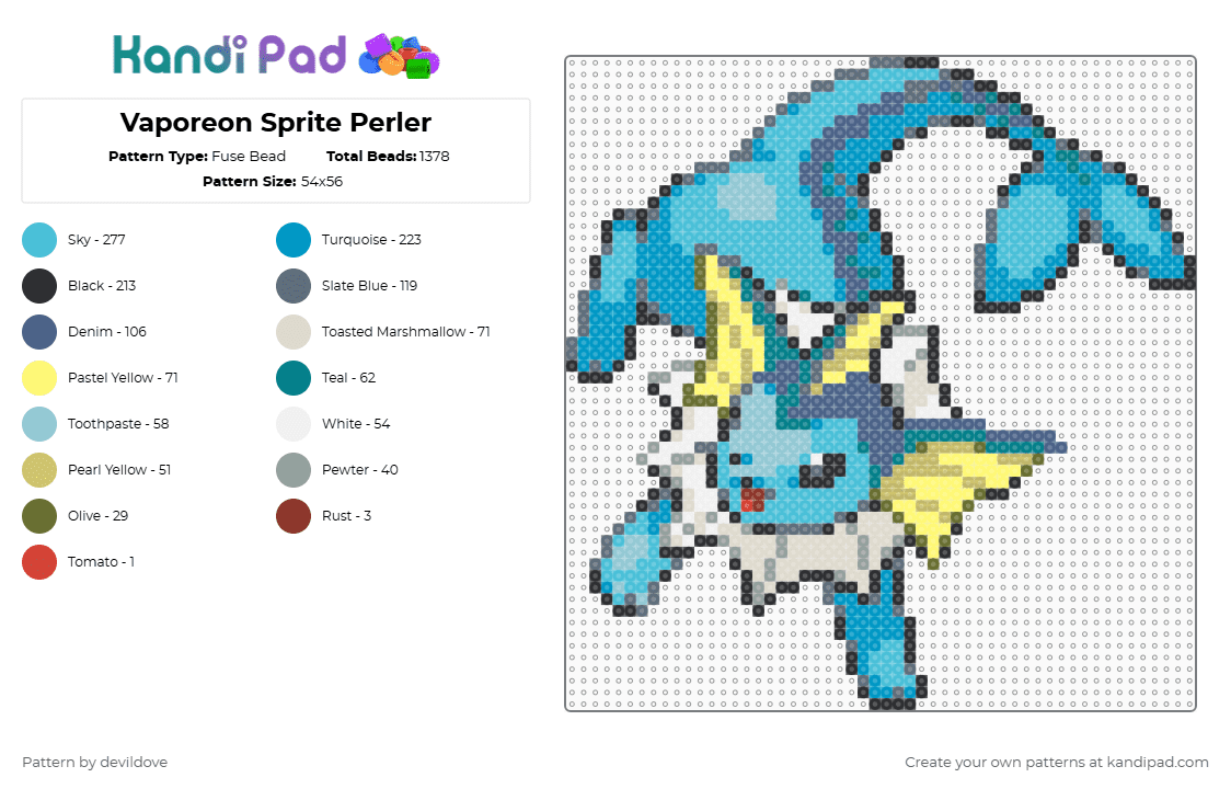 Gen 4 Vaporeon Sprite (Perler) - Fuse Bead Pattern by devildove on Kandi Pad - gray,light blue,pokemon,vaporeon,sprite,perler,playful,cute,gen 4