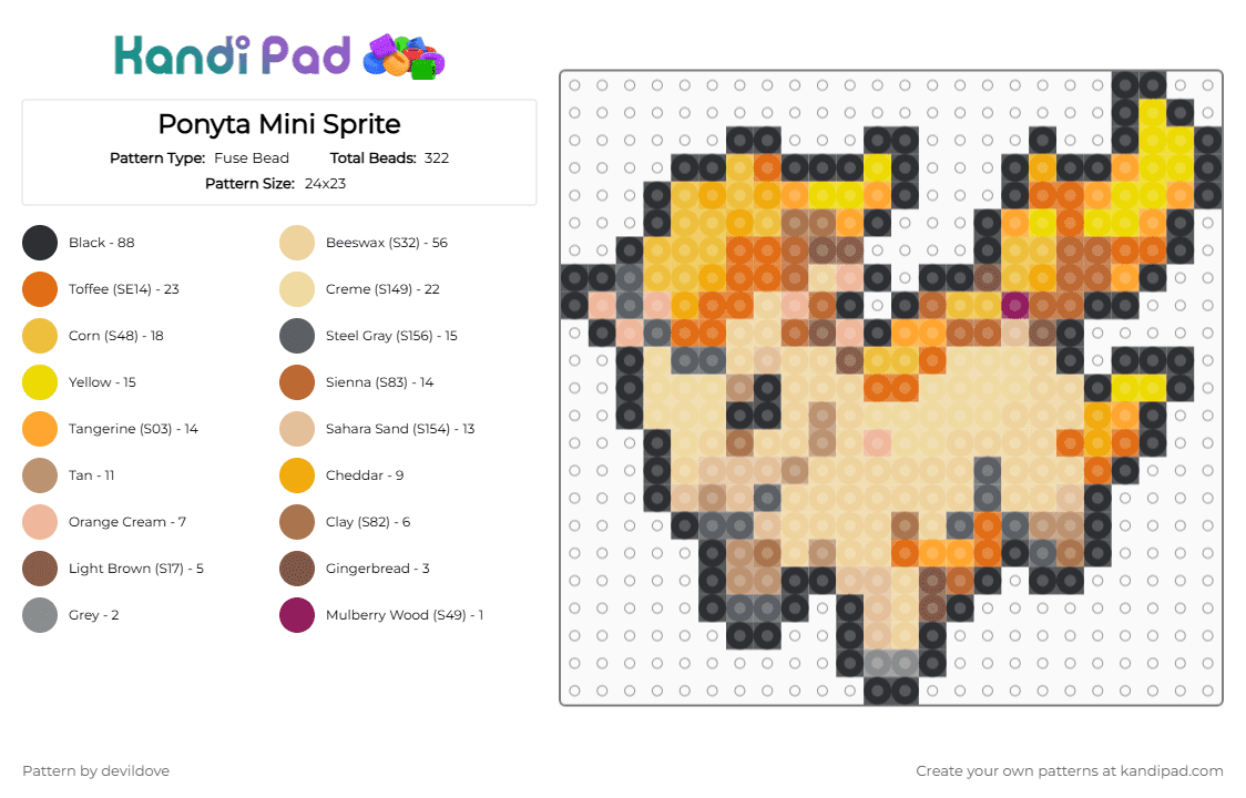 Ponyta Mini Sprite - Fuse Bead Pattern by devildove on Kandi Pad - beige,orange,pokemon,ponyta,mini,sprite,simple,pokemon go,icon