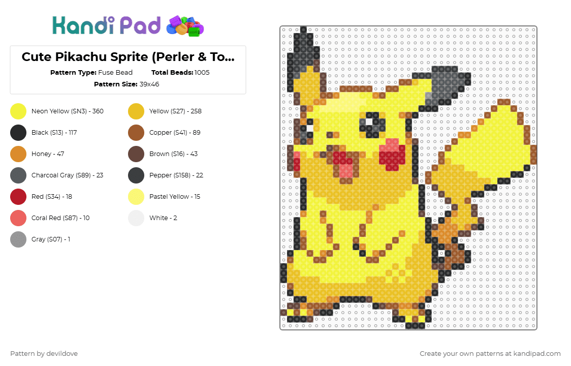 Cute Gen 5 Pikachu Sprite (Perler & Top Tier) - Fuse Bead Pattern by devildove on Kandi Pad - yellow,pokemon,pikachu,sprite,gen 5,cute,perler,top tier
