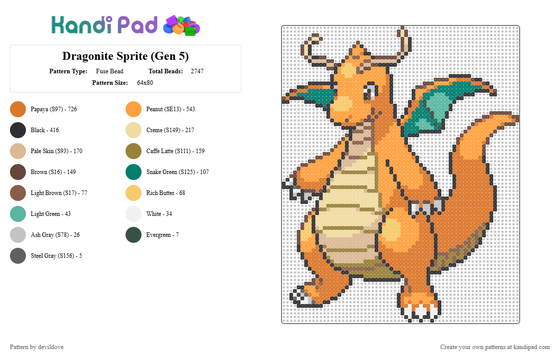 Dragonite Sprite (Gen 5) - Fuse Bead Pattern by devildove on Kandi Pad - beige,orange,dragonite,pokemon,sprite,black and white,gen 5,black,white