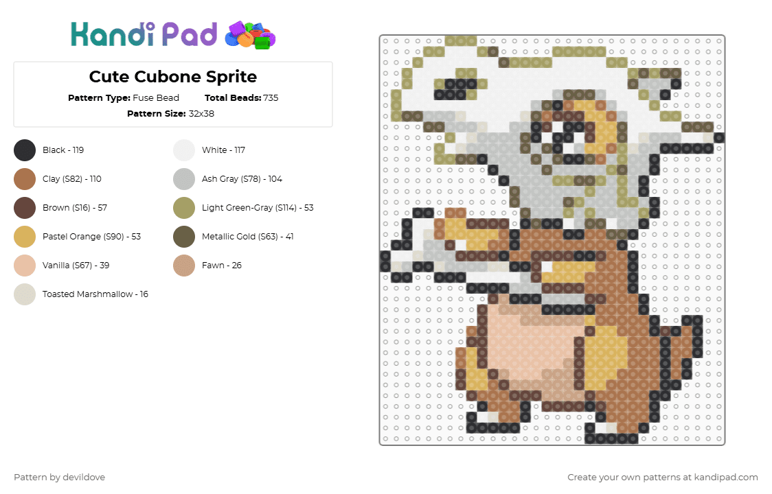 Cute Cubone Sprite (Perler & Top Tier) - Fuse Bead Pattern by devildove on Kandi Pad - tan,beige,pokemon,cubone,sprite,cute,game boy,perler,top tier