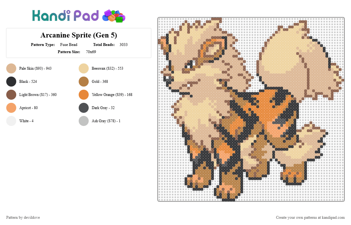 Arcanine Sprite (Gen 5) - Fuse Bead Pattern by devildove on Kandi Pad - tan,beige,pokemon,arcanine,gen 5,black white,black,white,sprite