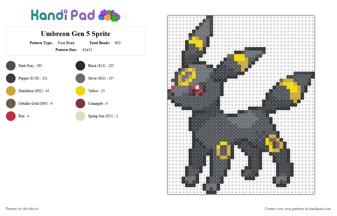 Umbreon Sprite (Gen 5) - Fuse Bead Pattern by devildove on Kandi Pad - black,gray,umbreon,gen 5,black white,pokemon,sprite,black and white,white