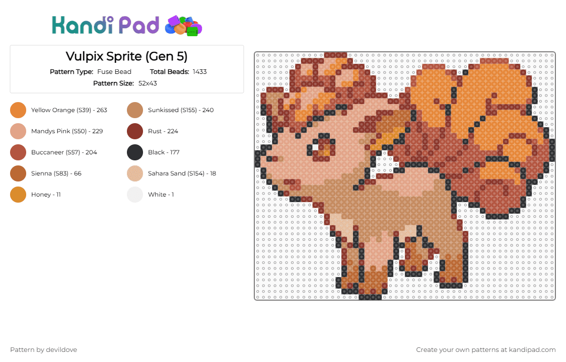 Vulpix Sprite (Gen 5) - Fuse Bead Pattern by devildove on Kandi Pad - red,tan,vulpix,pokemon,gen 5,black white,black,white
