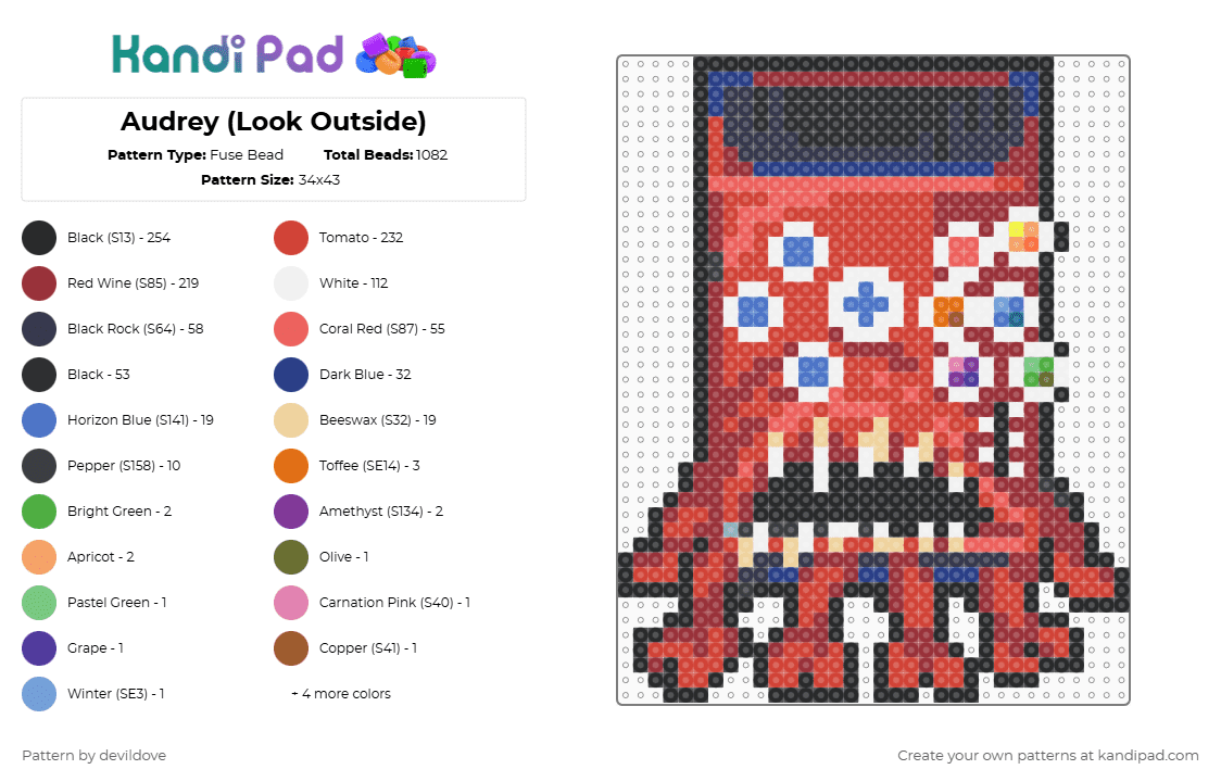 Audrey (Look Outside) - Fuse Bead Pattern by devildove on Kandi Pad - purple,blue,red,look outside,look,outside,audrey,monster,sprite,vending machine,soda