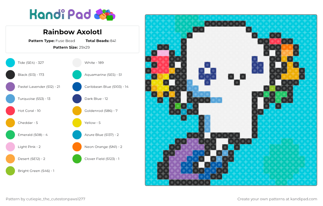 Rainbow Axolotl - Fuse Bead Pattern by deleted_user_388599 on Kandi Pad - light blue,axolotl,cute