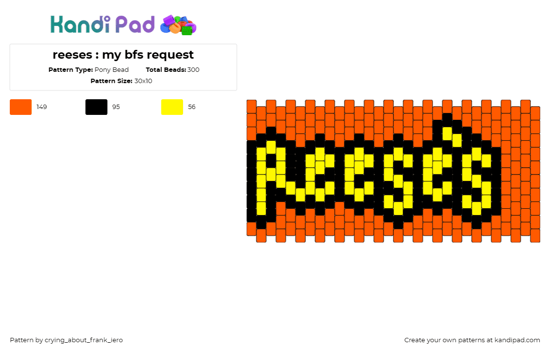 reeses : my bfs request - Pony Bead Pattern by crying_about_frank_iero on Kandi Pad - reeses,logo,peanut butter cups,cuff,candy,yellow,orange