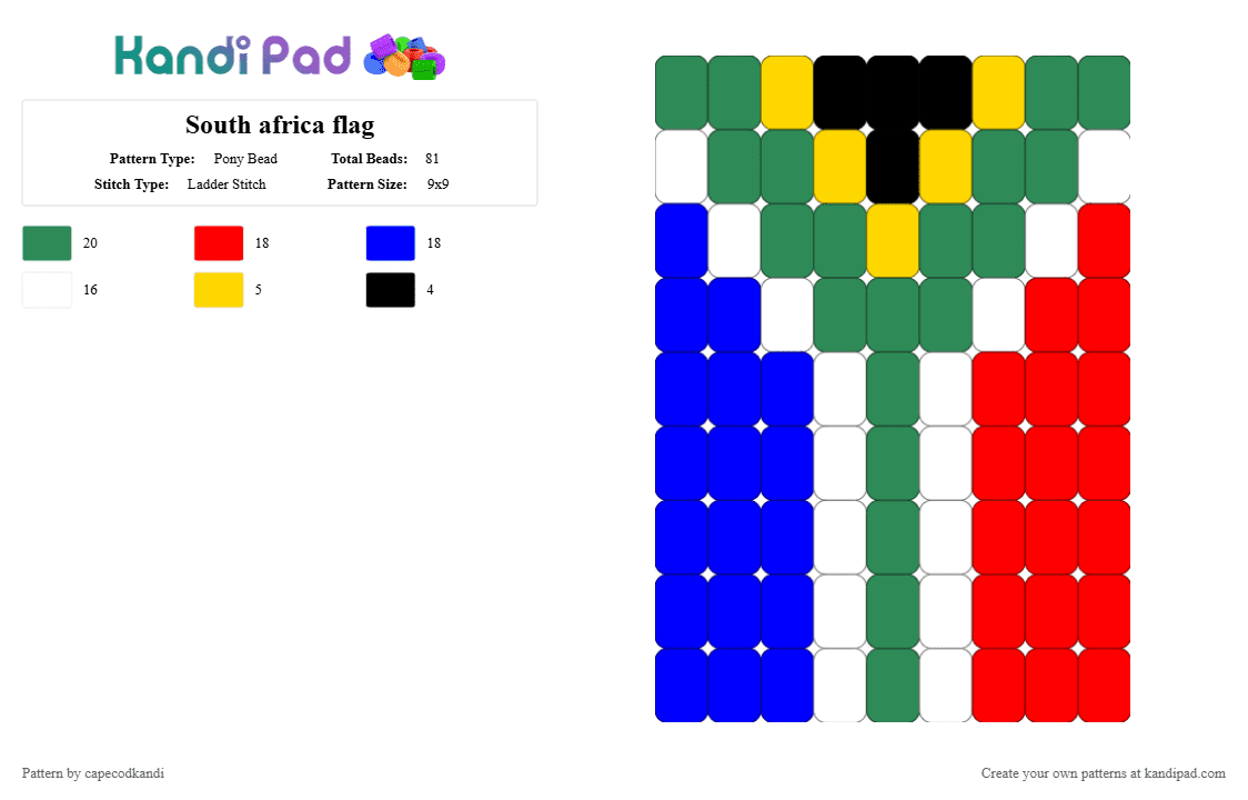 South africa flag - Pony Bead Pattern by capecodkandi on Kandi Pad - green,red,purple