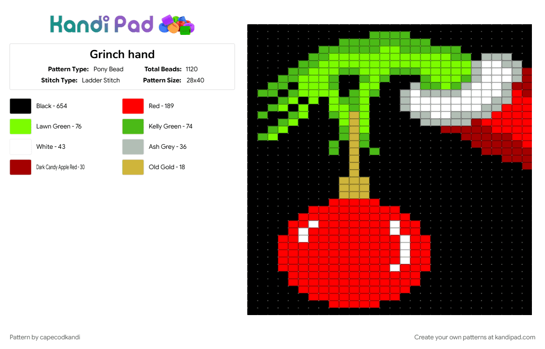 Grinch hand - Pony Bead Pattern by capecodkandi on Kandi Pad - black, green, red