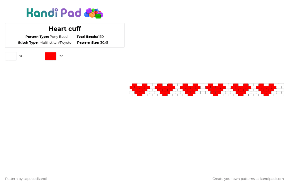 Heart cuff - Pony Bead Pattern by capecodkandi on Kandi Pad - red,white