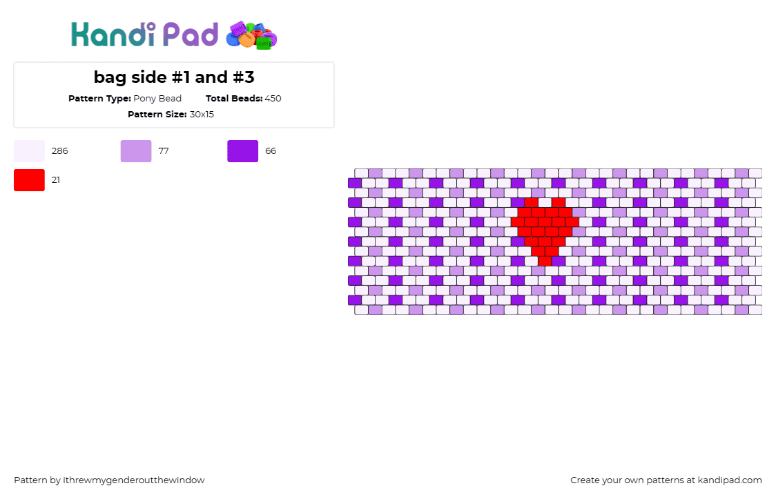 bag side #1 and #3 - Pony Bead Pattern by ithrewmygenderoutthewindow on Kandi Pad - heart,bag,affection,checkered,expression,touch of love,purple