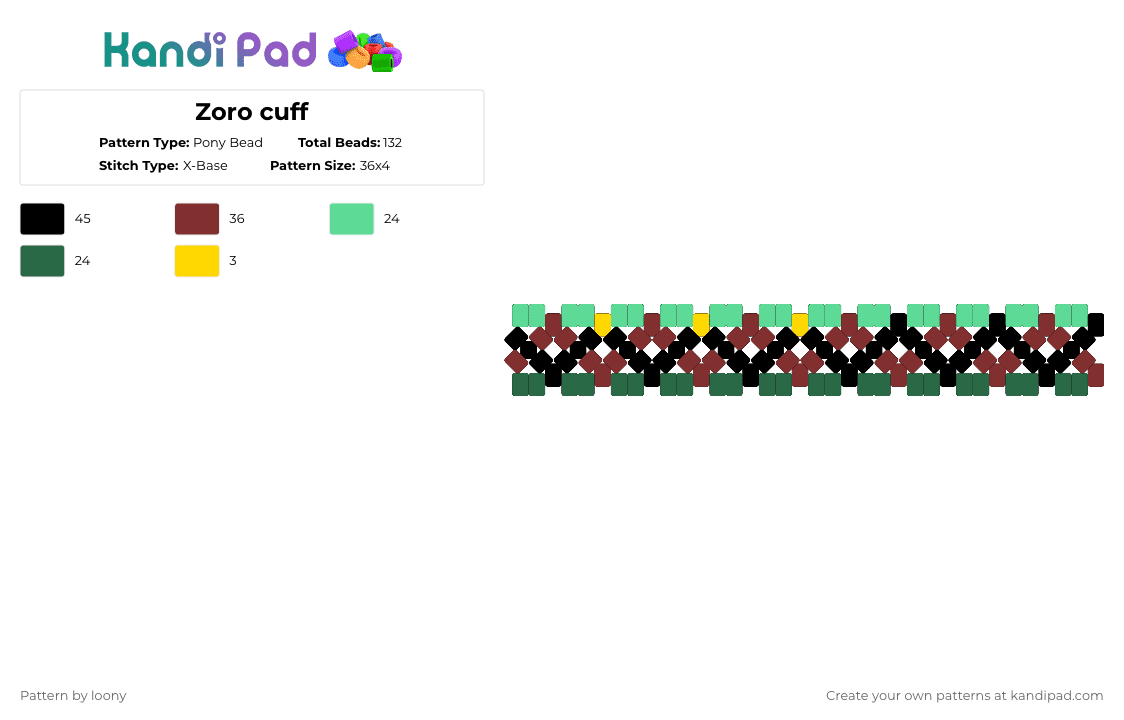 Zoro cuff - Pony Bead Pattern by loony on Kandi Pad - teal,brown,one piece,zoro,x base,cuff
