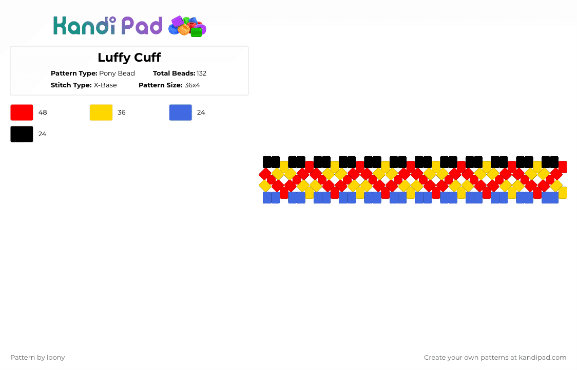Luffy Cuff - Pony Bead Pattern by loony on Kandi Pad - yellow,red,one piece,luffy,x base,cuff