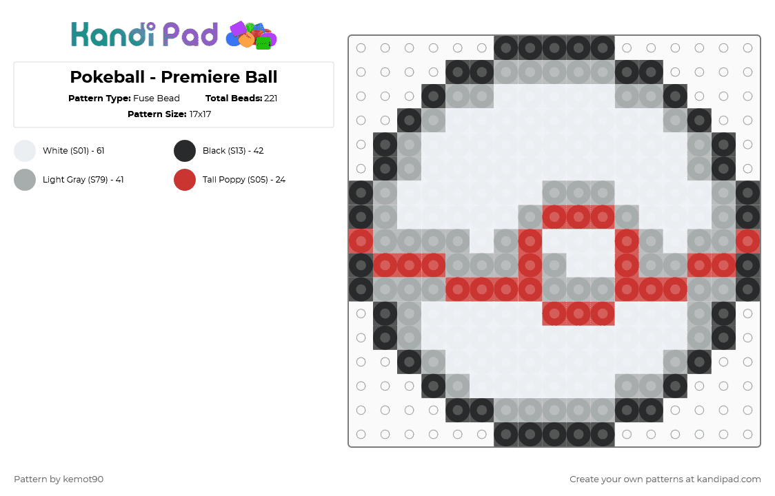 Pokeball - Premiere Ball - Fuse Bead Pattern by kemot90 on Kandi Pad - gray,red