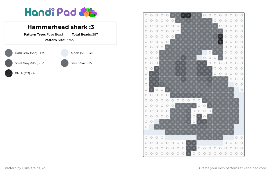 Hammerhead shark :3 - Fuse Bead Pattern by i_like_trains_xd on Kandi Pad - gray,cotdhammerheadshark,silly goober,yippers