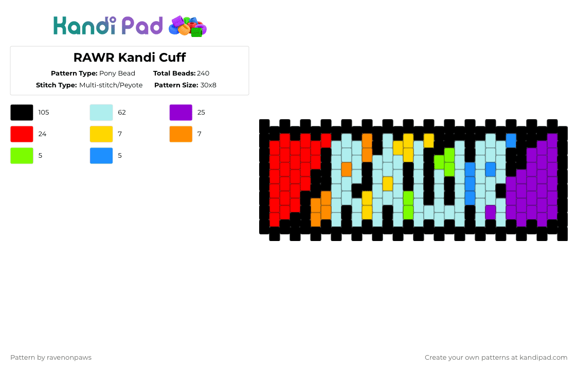 RAWR Kandi Cuff - Pony Bead Pattern by deleted_user_363834 on Kandi Pad - black,red,light blue,purple