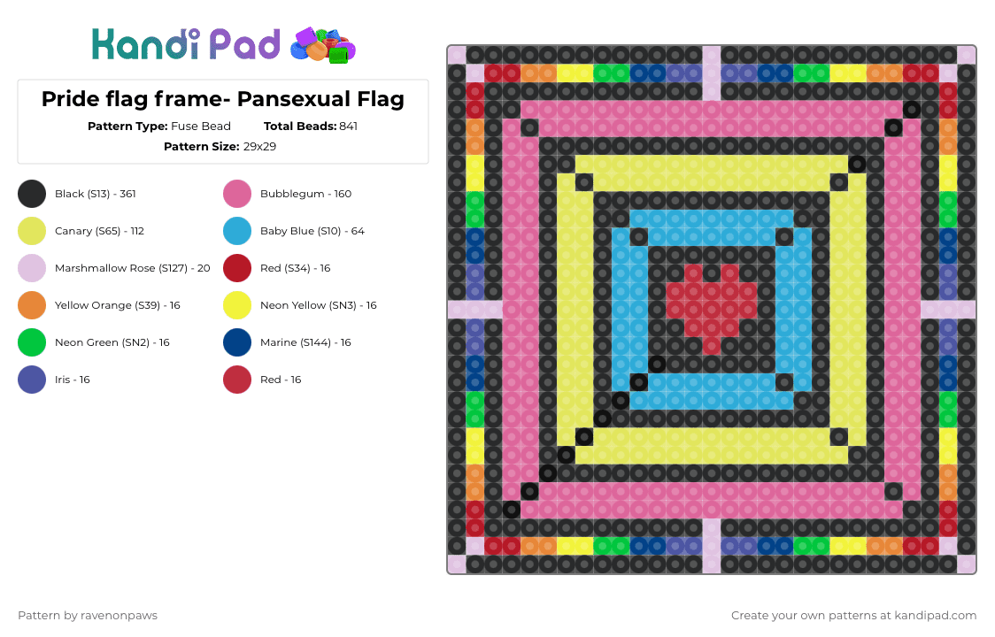 Pride flag frame- Pansexual Flag - Fuse Bead Pattern by deleted_user_363834 on Kandi Pad - black,pink,yellow,light blue