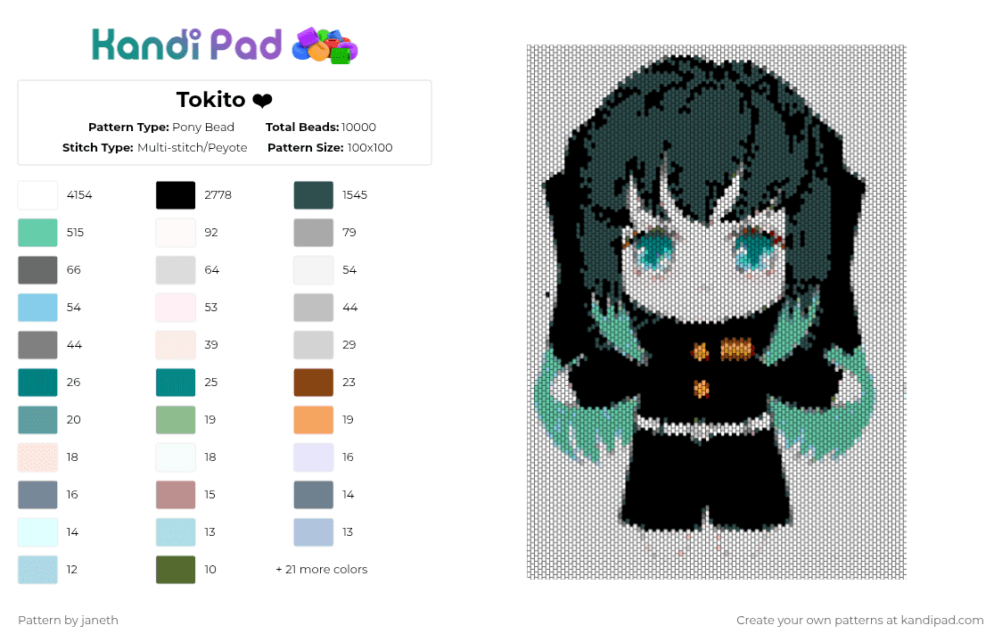 Tokito ❤ - Pony Bead Pattern by janeth on Kandi Pad - white,gray,teal