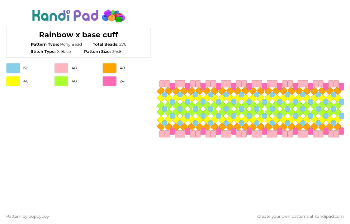 Rainbow x base cuff - Pony Bead Pattern by puppyboy on Kandi Pad - pink,light blue