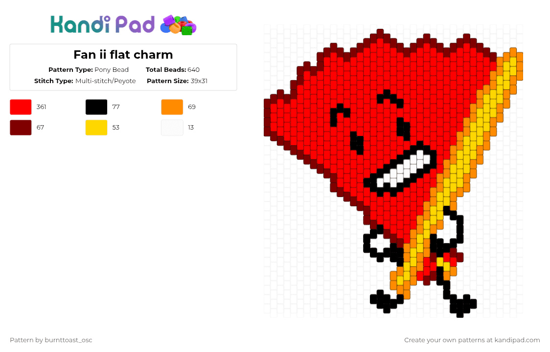 Fan ii flat charm - Pony Bead Pattern by burnttoast_osc on Kandi Pad - fan,character,charm,cartoon,object,video,red,inanimate insanity,ii,peyote,flat,flat charm,flat peyote stitch