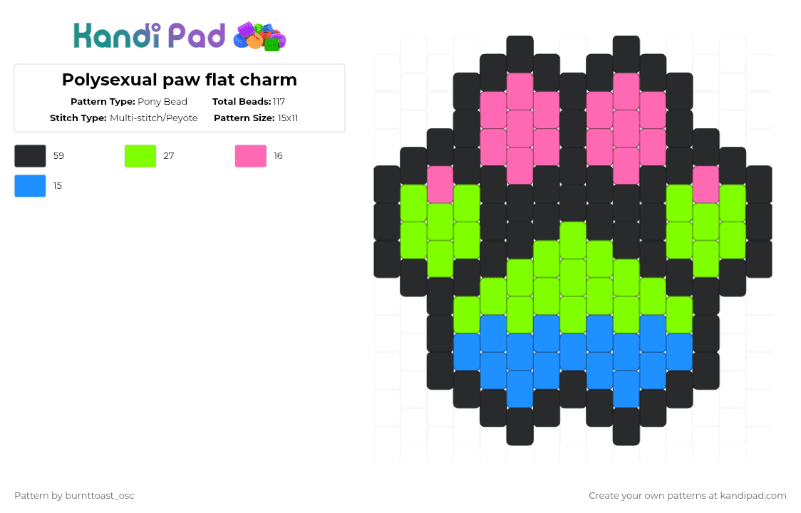 Polysexual paw flat charm - Pony Bead Pattern by burnttoast_osc on Kandi Pad - green,polysexual,paw,flat,charm,peyote,pony beads,lgbt,lgbtq