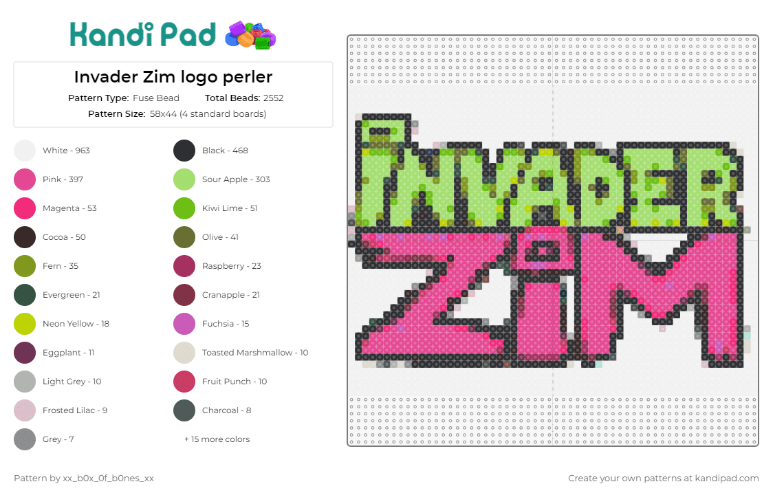 Invader Zim logo perler - Fuse Bead Pattern by xx_b0x_0f_b0nes_xx on Kandi Pad - gpt immerse in the world of a beloved alien character with this fuse bead pattern featuring the vibrant logo of 'invader zim'. it's perfect for fans of the iconic cartoon looking to create a piece of 