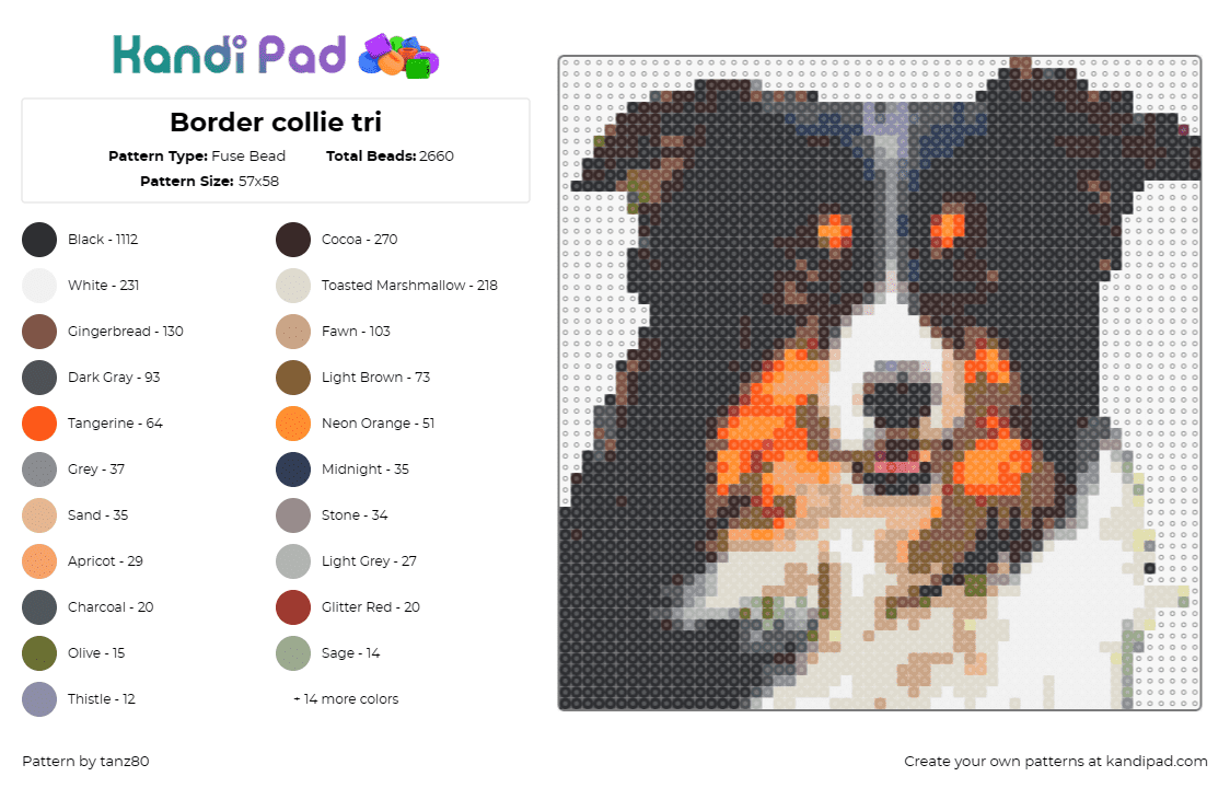 Border collie tri - Fuse Bead Pattern by tanz80 on Kandi Pad - border collie,dog,animal,vibrant,personality,energy,companionship,black