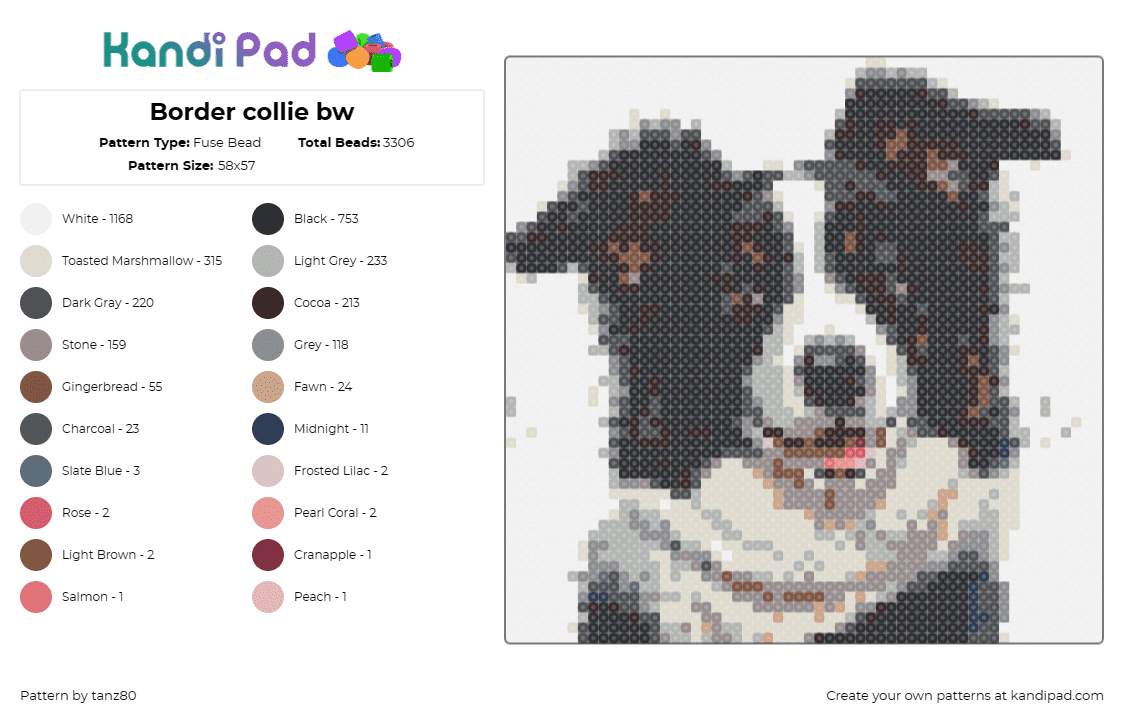 Border collie bw - Fuse Bead Pattern by tanz80 on Kandi Pad - border collie,dog,animal,intelligent,loyal,spirit,monochrome,heartwarming,pet,bl