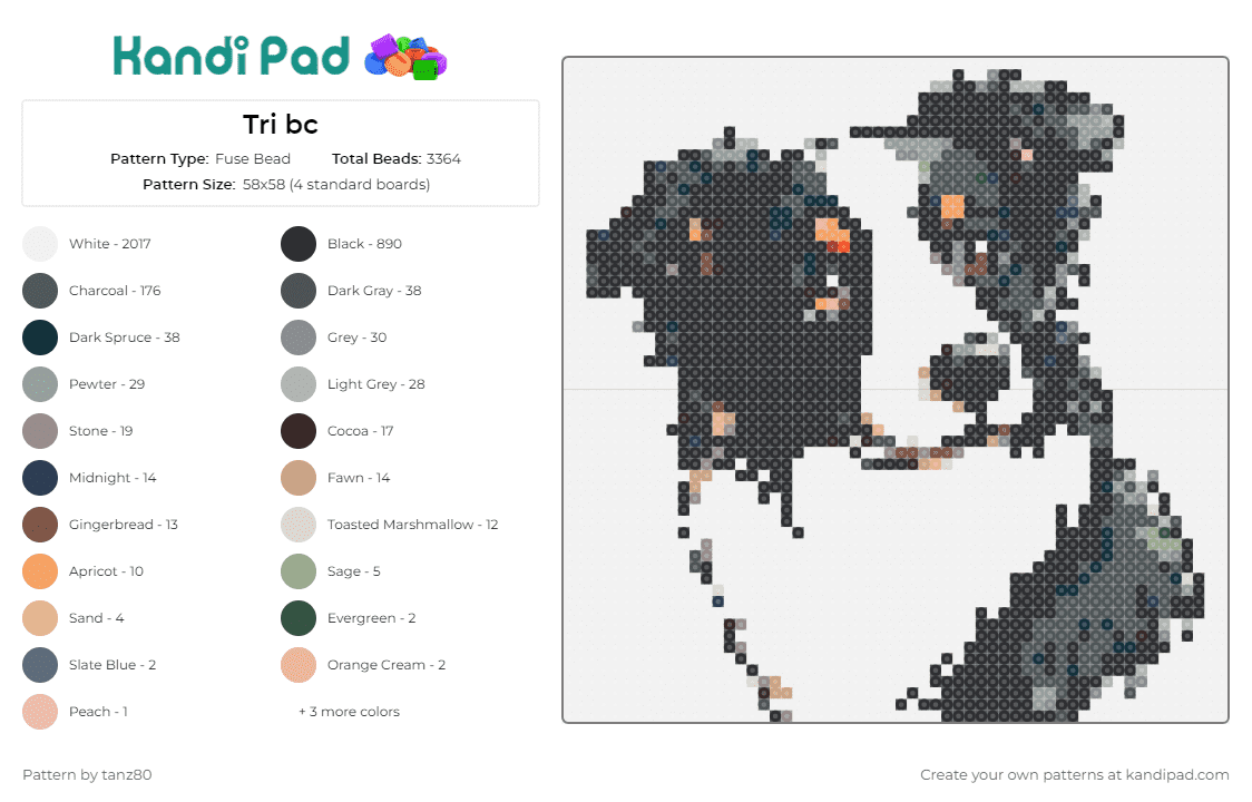 Tri bc - Fuse Bead Pattern by tanz80 on Kandi Pad - border collie,dog,animal,playful,intelligent,charming,grayscale,detailed,spirit,white,black