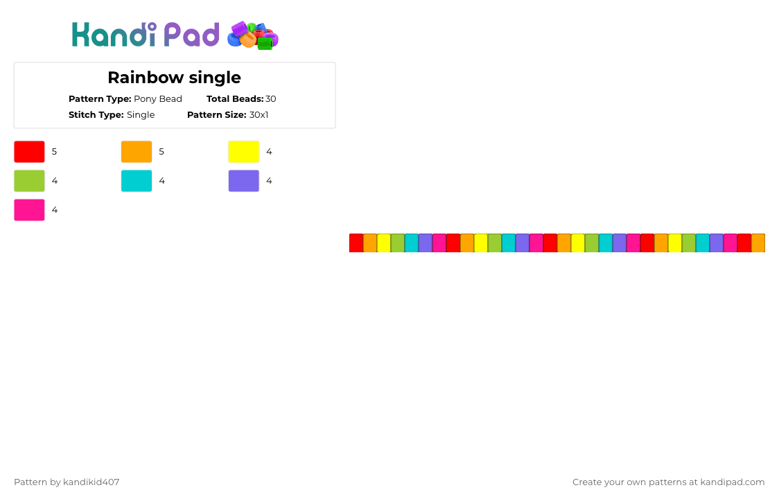 Rainbow single - Pony Bead Pattern by kandikid407 on Kandi Pad - blue, colorful, green, orange