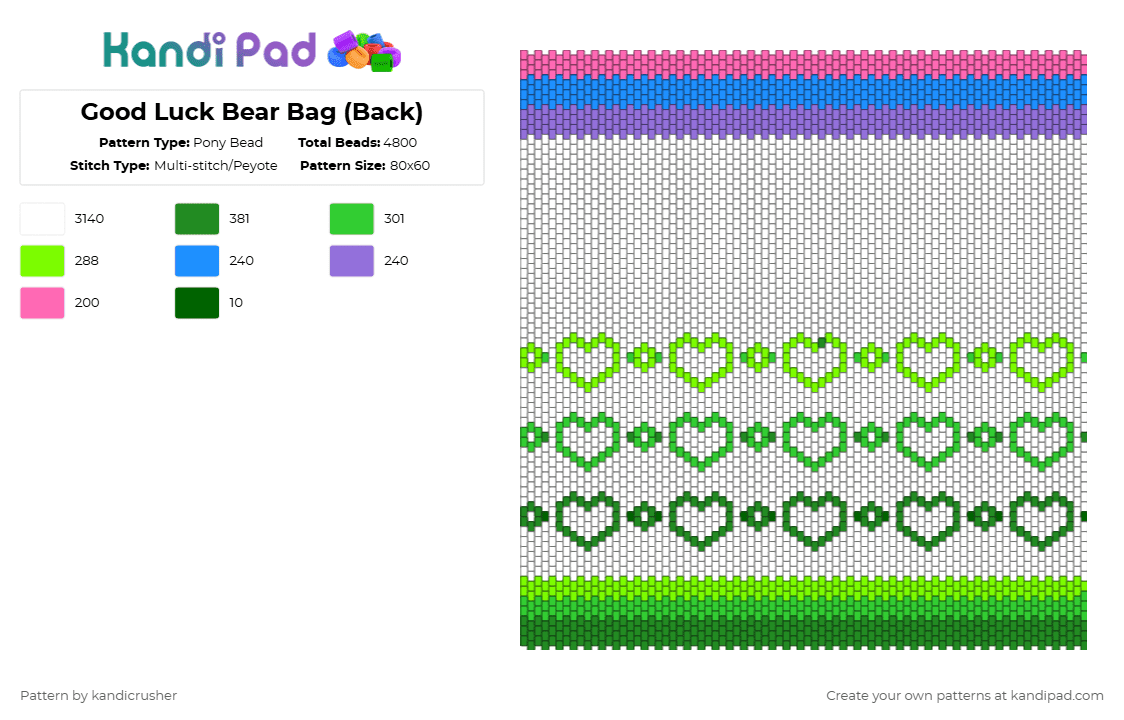Good Luck Bear Bag (Back) - Pony Bead Pattern by kandicrusher on Kandi Pad - white,green