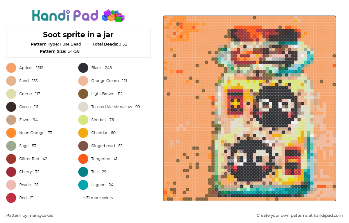 Soot sprite in a jar - Fuse Bead Pattern by mansycakes on Kandi Pad - soot sprite,animated,whimsical,magical,decor,fantasy,playful