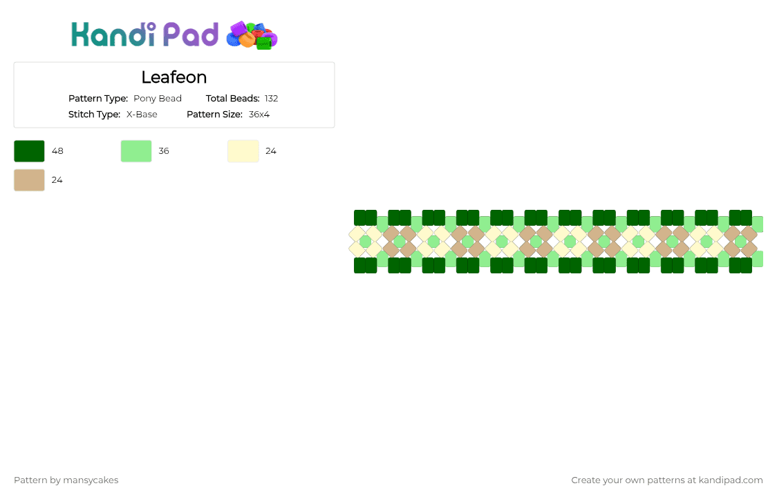 Leafeon - Pony Bead Pattern by mansycakes on Kandi Pad - green, teal