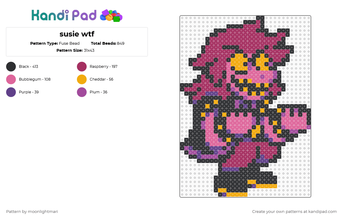 susie wtf - Fuse Bead Pattern by moonlightmari on Kandi Pad - pink,susie,deltarune,characters