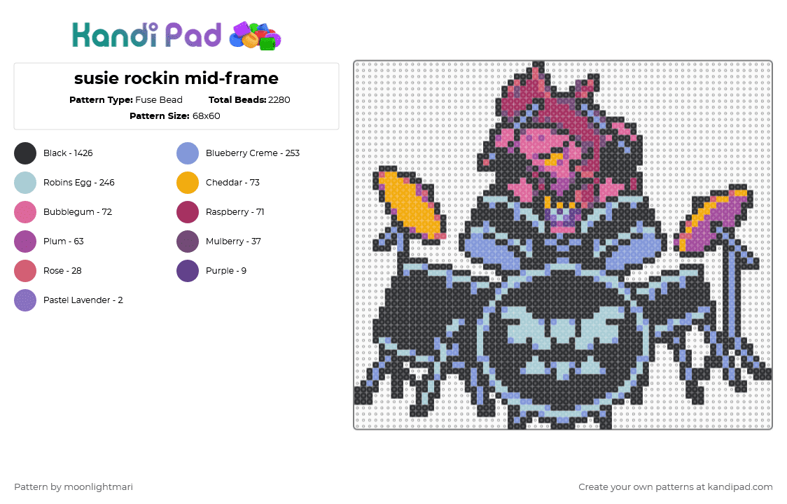 susie rockin mid-frame - Fuse Bead Pattern by moonlightmari on Kandi Pad - black,pink,light blue,deltarune,deltarune chapter 3,susie