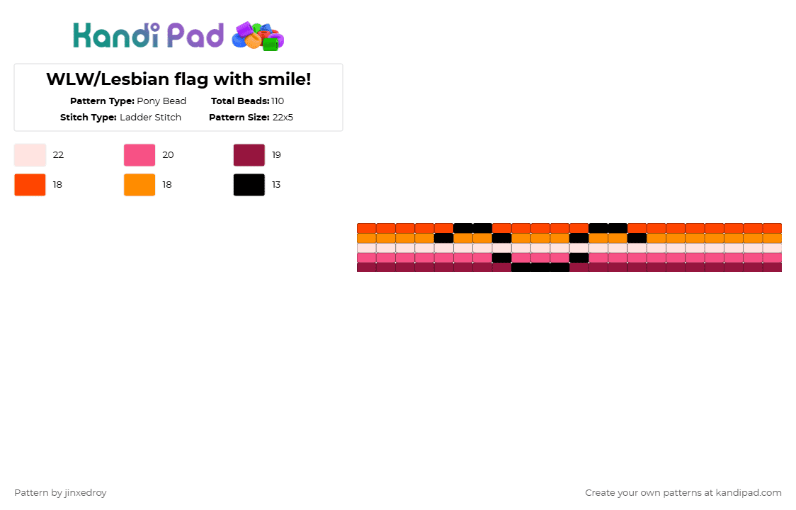 WLW/Lesbian flag with smile! - Pony Bead Pattern by beadedroy on Kandi Pad - pink,lesbian,wlw,pride,gay,kandi,ladderstitch,women,simple