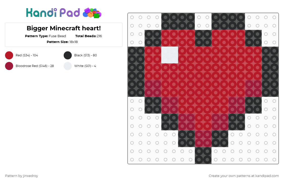 Bigger Minecraft heart! - Fuse Bead Pattern by beadedroy on Kandi Pad - red,minecraft,fusebead,game,videogame,easy,gamer,heart,simple