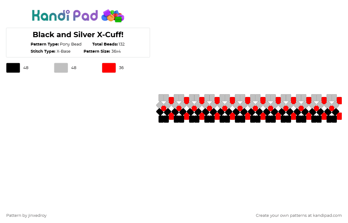 Black and Silver X-Cuff! - Pony Bead Pattern by beadedroy on Kandi Pad - red,beige,simple,multicolor,emo,kandi,xcuff,roysbasics,xbase,easy