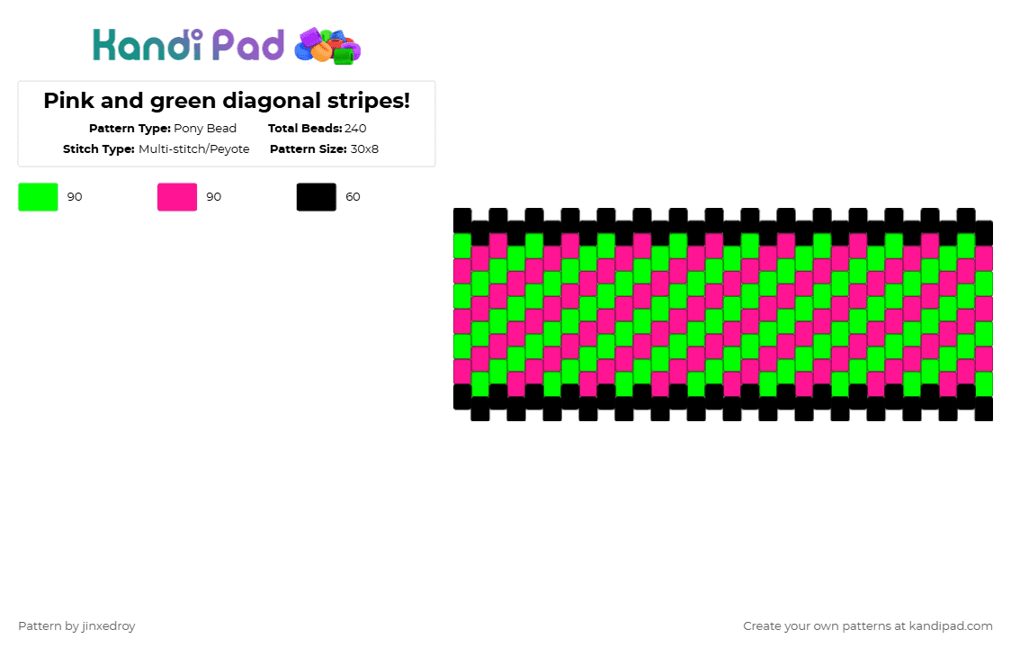 Pink and green diagonal stripes! - Pony Bead Pattern by beadedroy on Kandi Pad - green,pink,kandi,multicolour,stripes,peyote,multistitch,3colours,simple