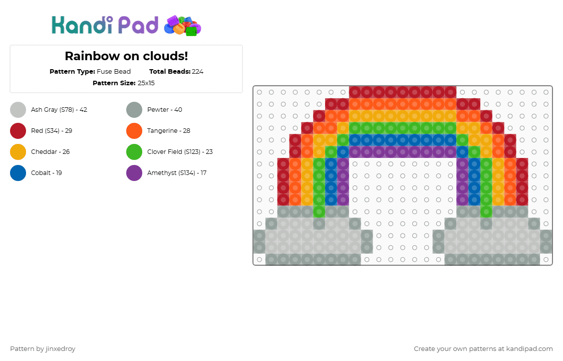 Rainbow on clouds! - Fuse Bead Pattern by beadedroy on Kandi Pad - gray,beige,red,orange,rainbow,cloud,fusebeads,weather,rainbowoncloud,pride,colorful,cute