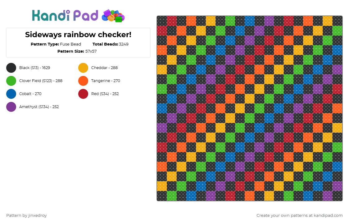 Sideways rainbow checker! - Fuse Bead Pattern by beadedroy on Kandi Pad - black,orange,cotdboldcolors,rainbow,checkers,checkboard,fusebead,diagonal,big,colorful
