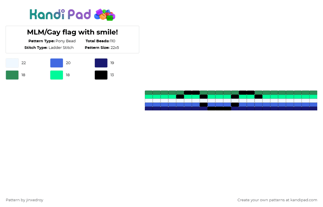 MLM/Gay flag with smile! - Pony Bead Pattern by beadedroy on Kandi Pad - green,teal,blue,purple,mlm,face,pride,gay,kandi,ladderstitch,scene,simple