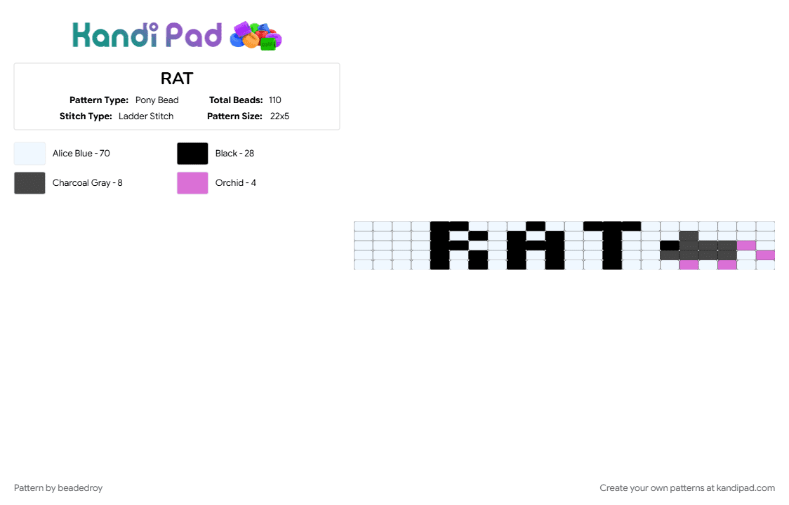 RAT - Pony Bead Pattern by beadedroy on Kandi Pad - animal, brown, cute, easy, kandi, pink, rat, rodent, simple, text, white