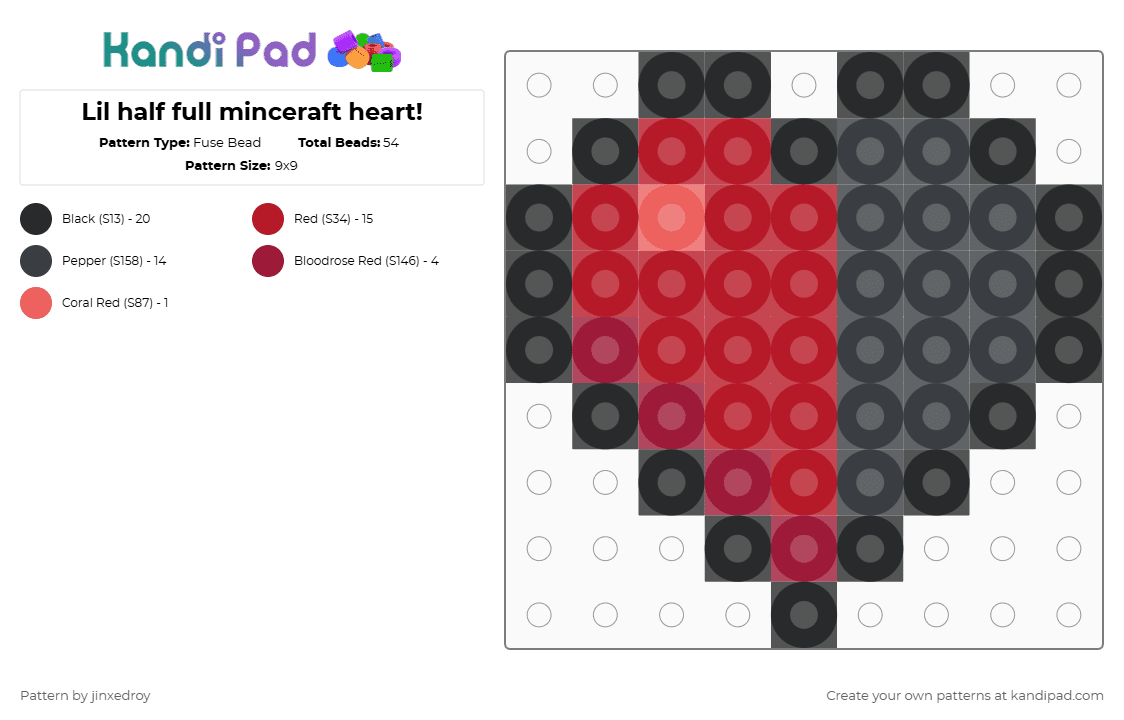 Lil half full minceraft heart! - Fuse Bead Pattern by beadedroy on Kandi Pad - black,red,minecraft,game,gamer,fusebead,videogames,small,easy,simple
